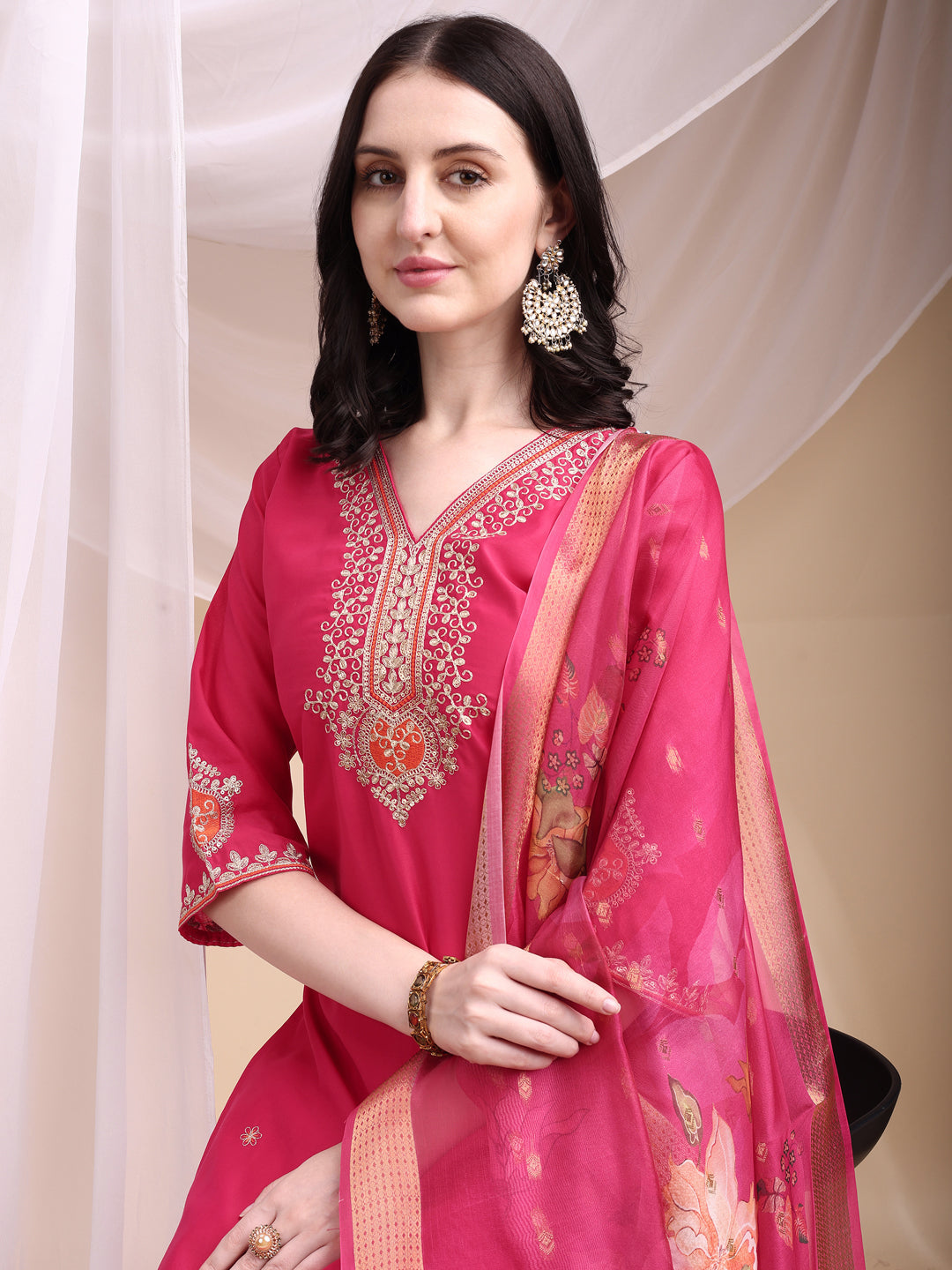 Embroidered Kurta With Pant & Printed Organza Dupatta, Pink - Hiral Fashion