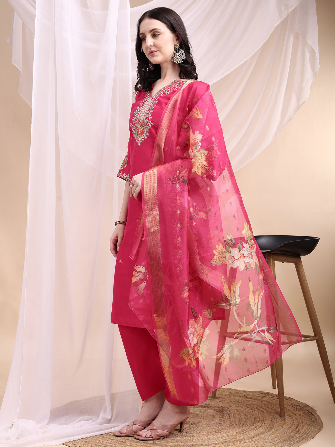 Embroidered Kurta With Pant & Printed Organza Dupatta, Pink - Hiral Fashion