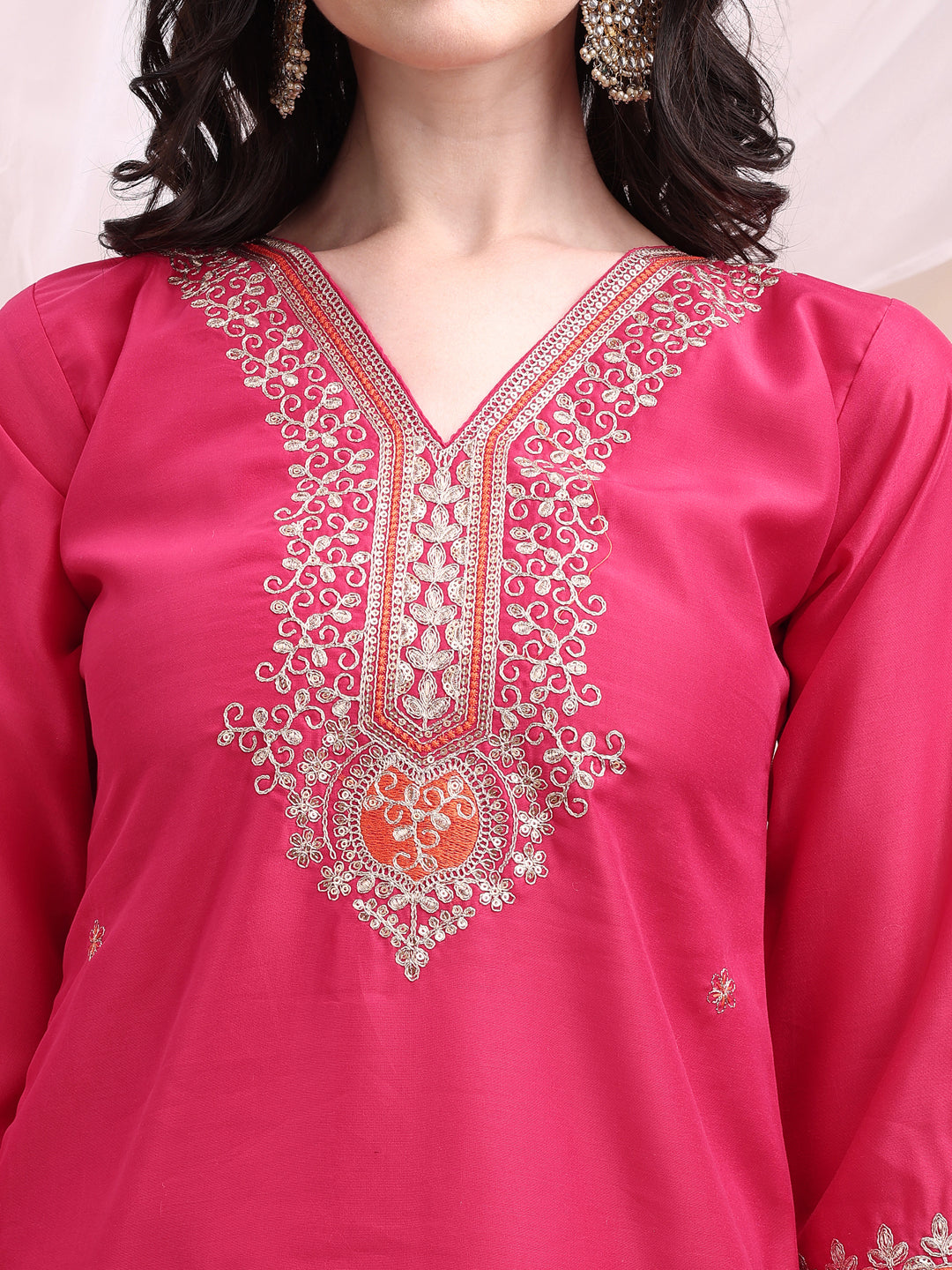 Embroidered Kurta With Pant & Printed Organza Dupatta, Pink - Hiral Fashion