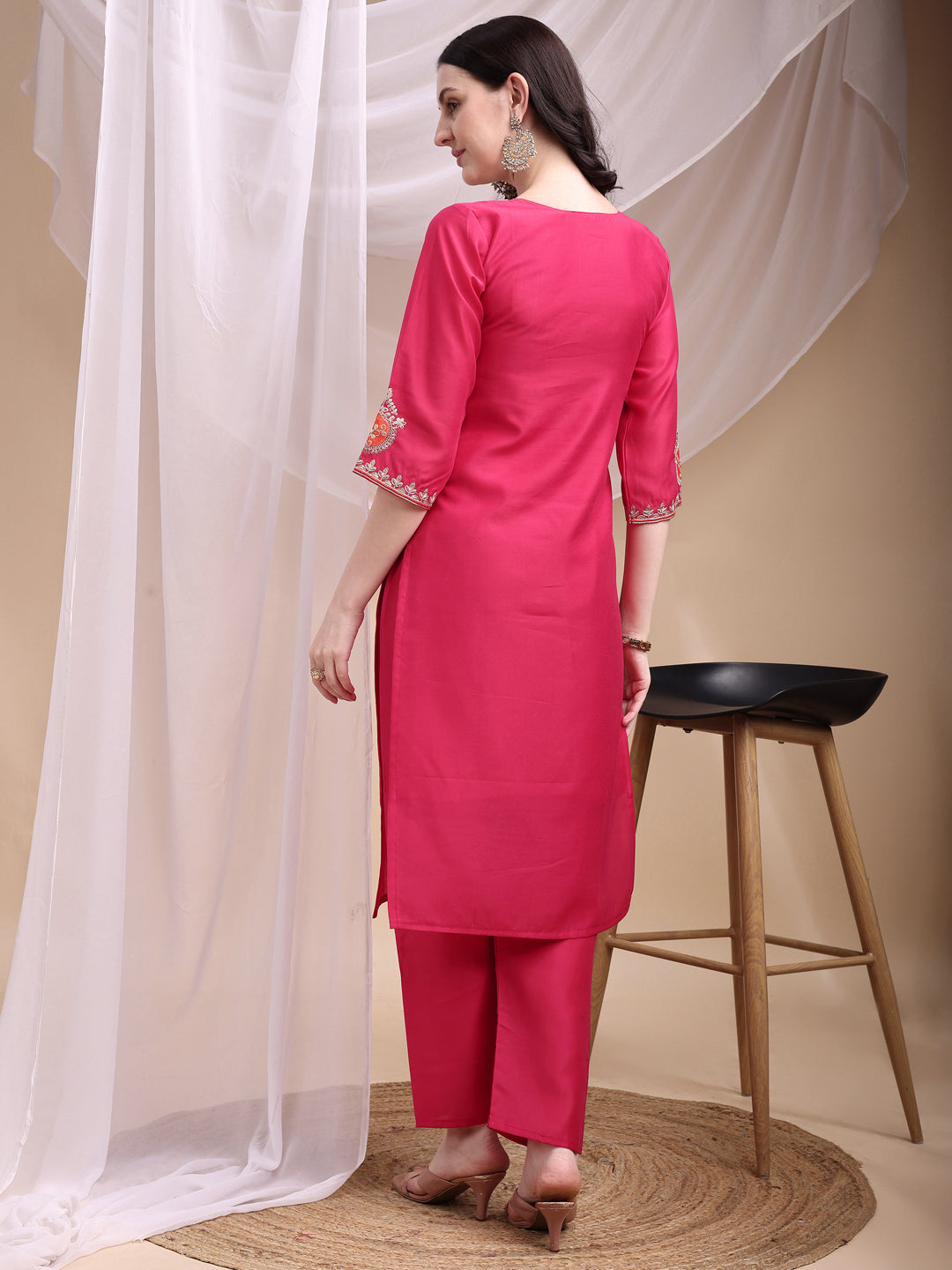 Embroidered Kurta With Pant & Printed Organza Dupatta, Pink - Hiral Fashion