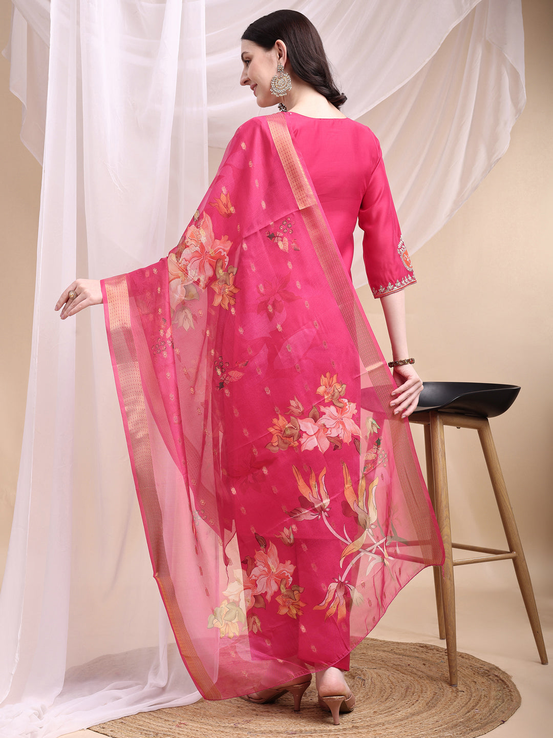 Embroidered Kurta With Pant & Printed Organza Dupatta, Pink - Hiral Fashion
