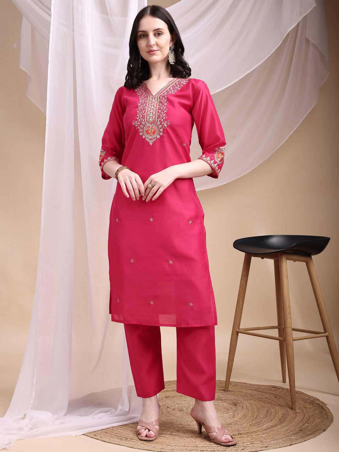Embroidered Kurta With Pant & Printed Organza Dupatta, Pink - Hiral Fashion