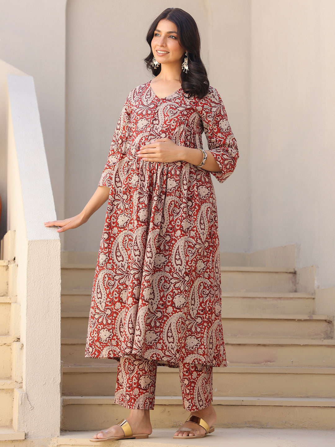Janasya Dark Cotton Paisley A-Line Top & Bottom Set 