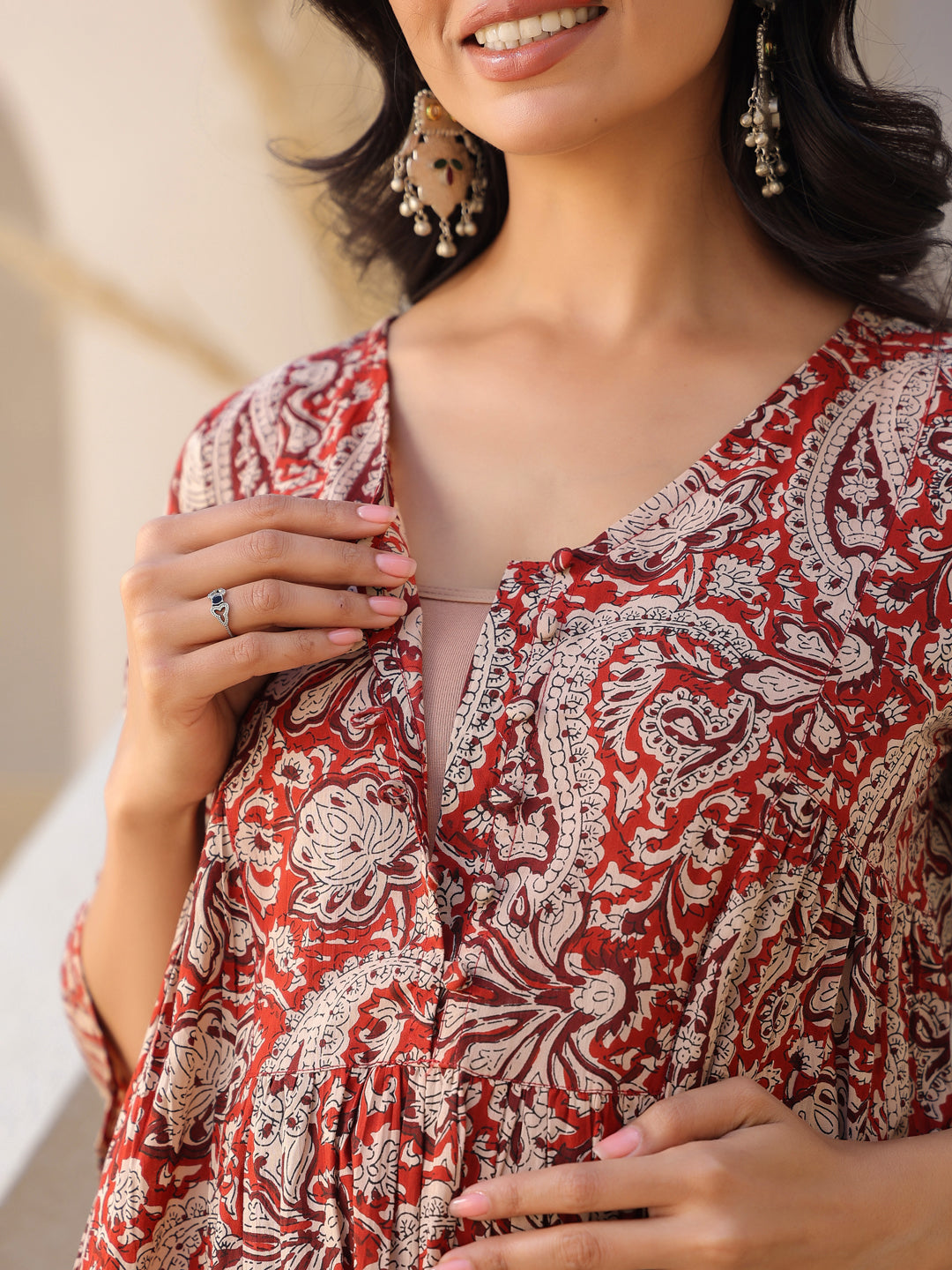 Janasya Dark Cotton Paisley A-Line Top & Bottom Set 