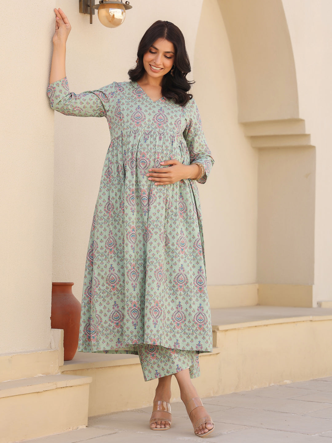 Janasya Light Cotton Floral A-Line Top & Bottom Set 