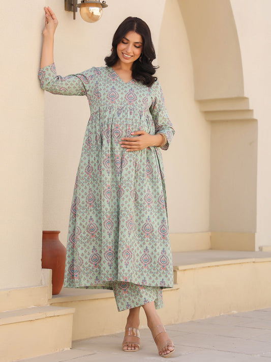Janasya Light Cotton Floral A-Line Top & Bottom Set 