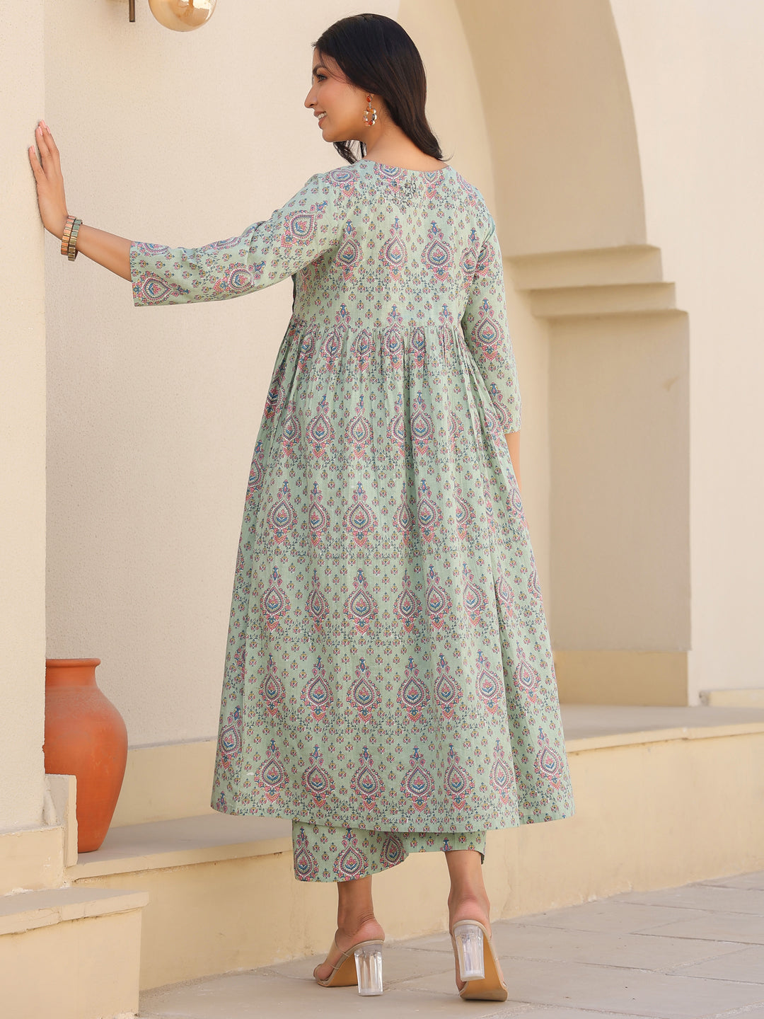 Janasya Light Cotton Floral A-Line Top & Bottom Set 