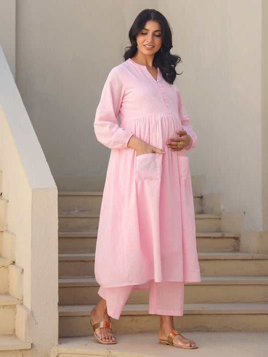 Janasya Light Dobby Cotton Self Design A-Line Kurta Set 