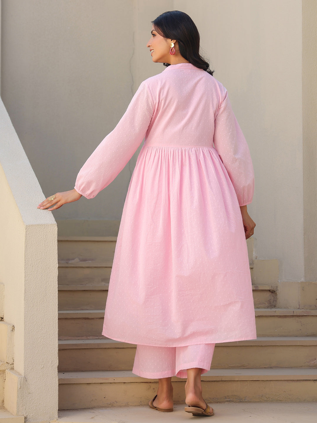 Janasya Light Dobby Cotton Self Design A-Line Kurta Set 