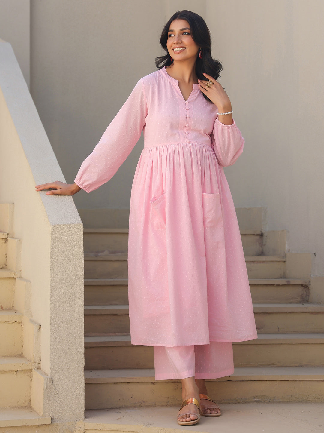 Janasya Light Dobby Cotton Self Design A-Line Kurta Set 