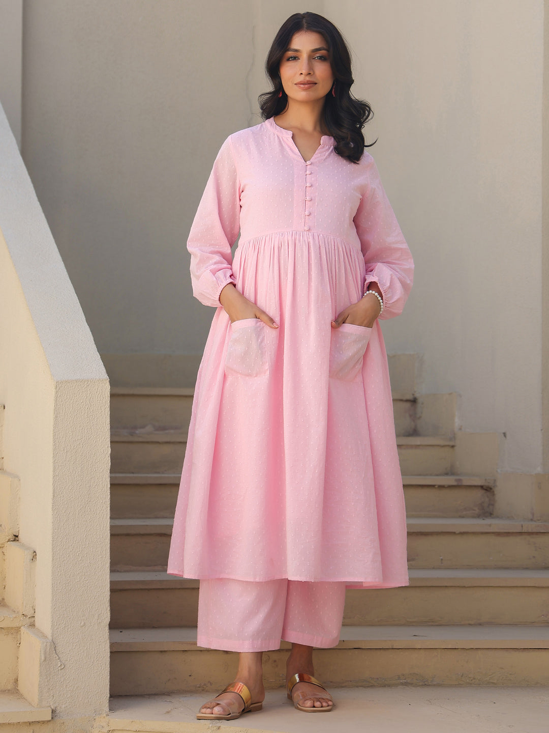 Janasya Light Dobby Cotton Self Design A-Line Kurta Set 