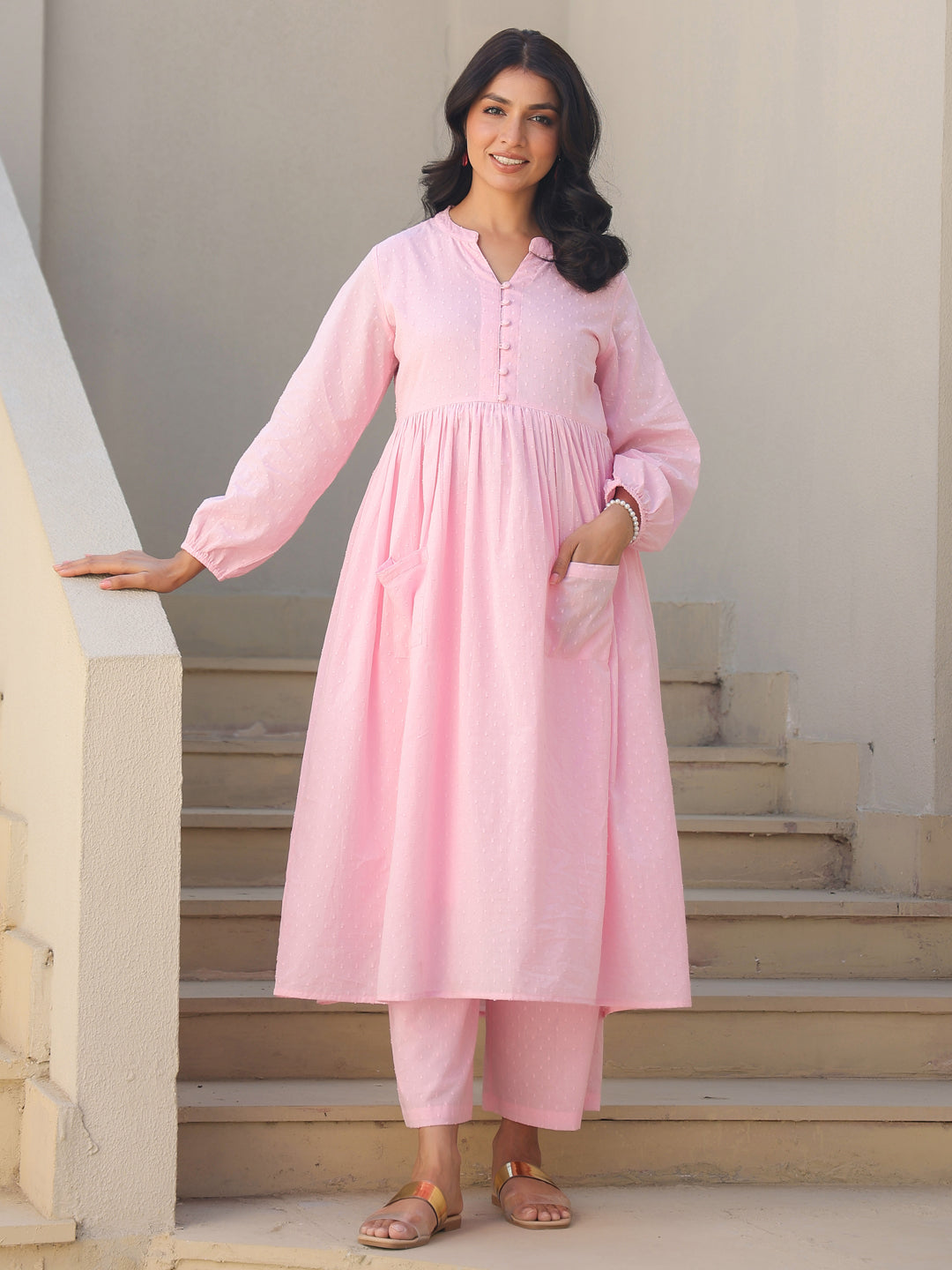 Janasya Light Dobby Cotton Self Design A-Line Kurta Set 