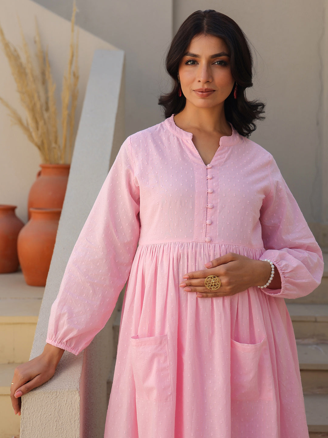 Janasya Light Dobby Cotton Self Design A-Line Kurta Set 