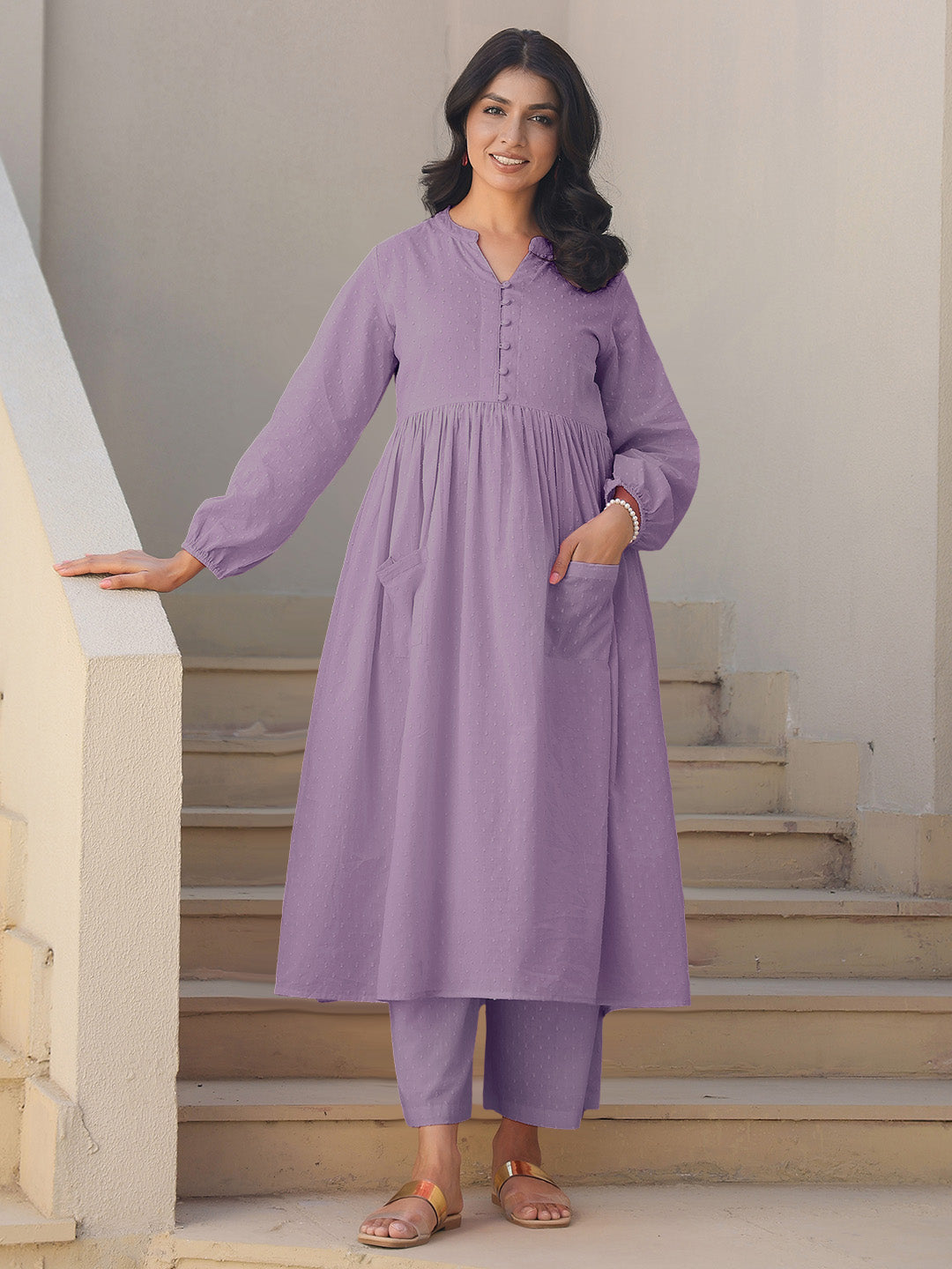 Janasya Light Dobby Cotton Self Design A-Line Kurta Set 