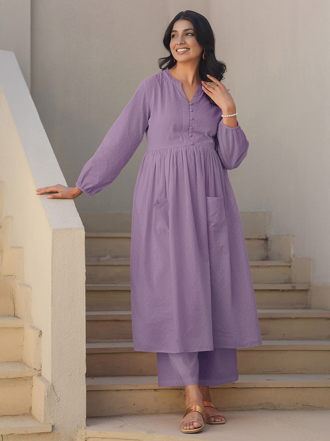 Janasya Light Dobby Cotton Self Design A-Line Kurta Set 