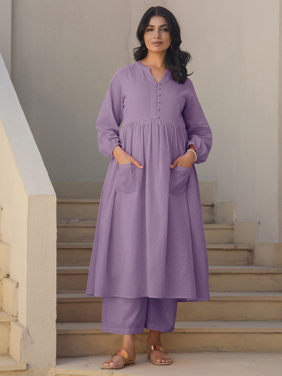 Janasya Light Dobby Cotton Self Design A-Line Kurta Set 