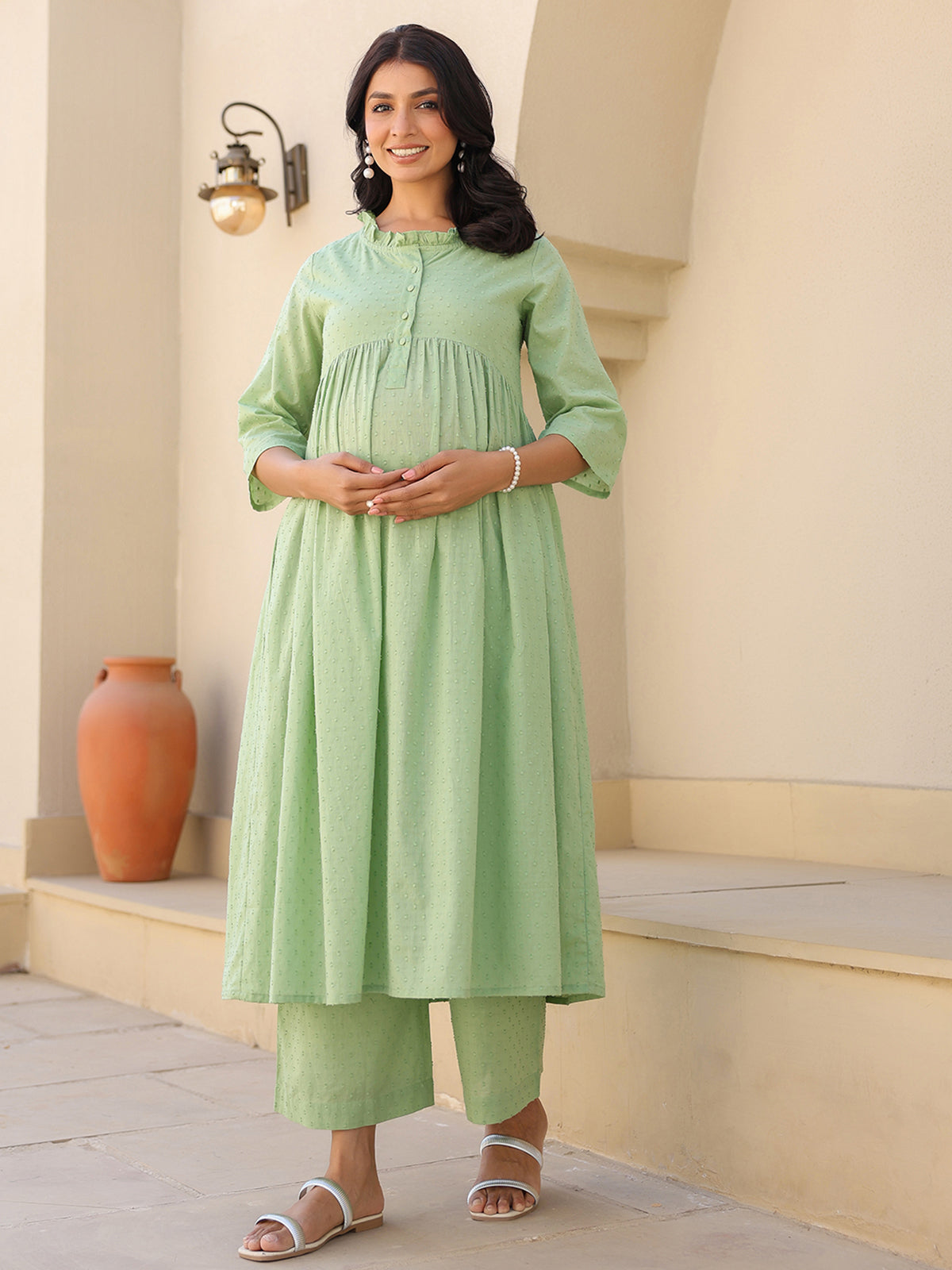 Janasya Light Dobby Cotton Self Design A-Line Kurta Set 