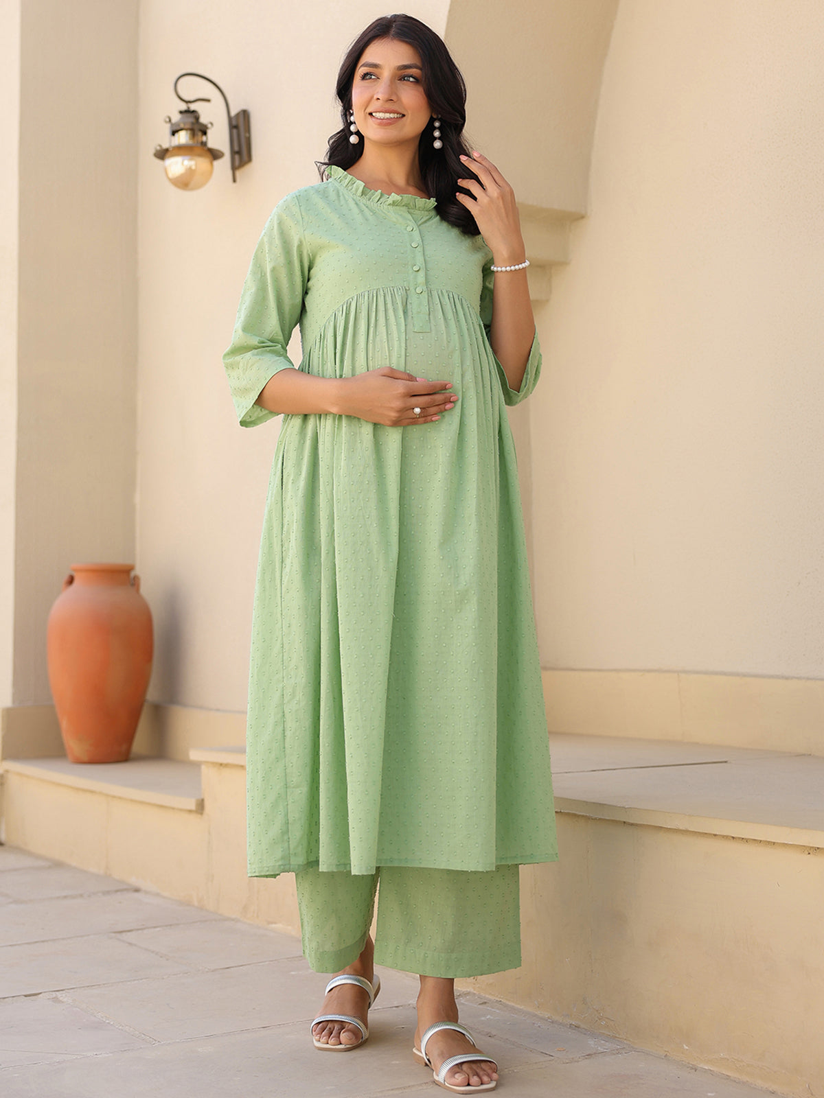 Janasya Light Dobby Cotton Self Design A-Line Kurta Set 