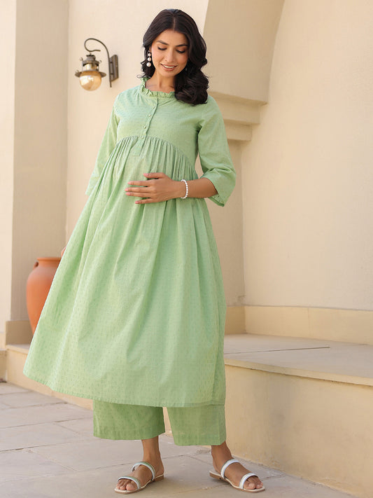Janasya Light Dobby Cotton Self Design A-Line Kurta Set 