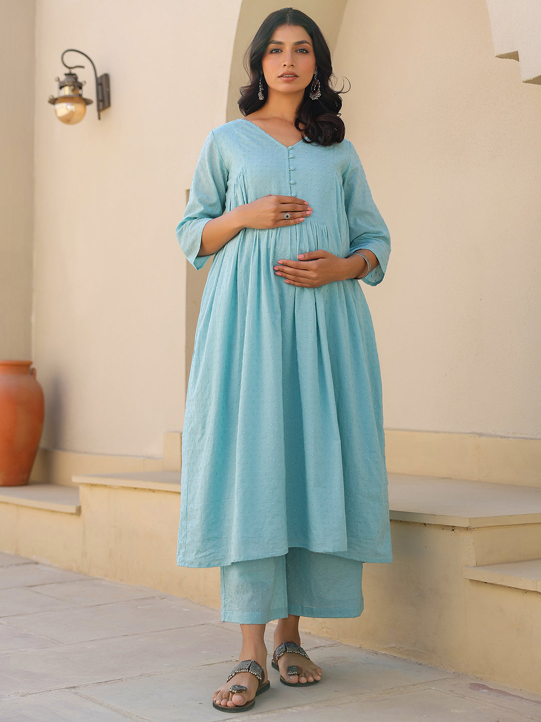 Janasya Light Dobby Cotton Self Design A-Line Top & Bottom Set 