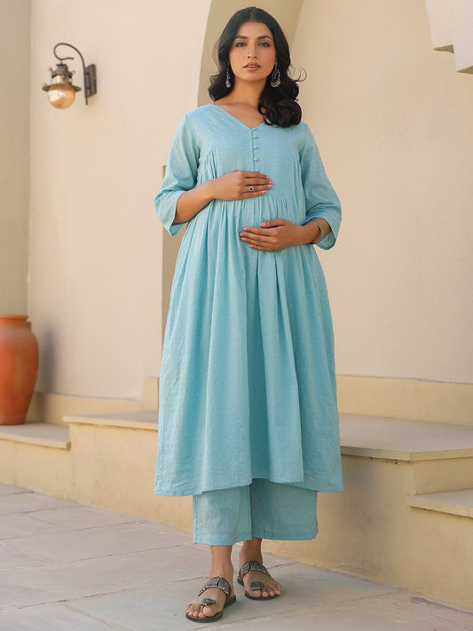 Janasya Light Dobby Cotton Self Design A-Line Top & Bottom Set 
