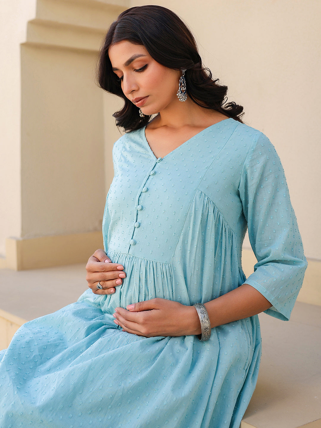 Janasya Light Dobby Cotton Self Design A-Line Top & Bottom Set 