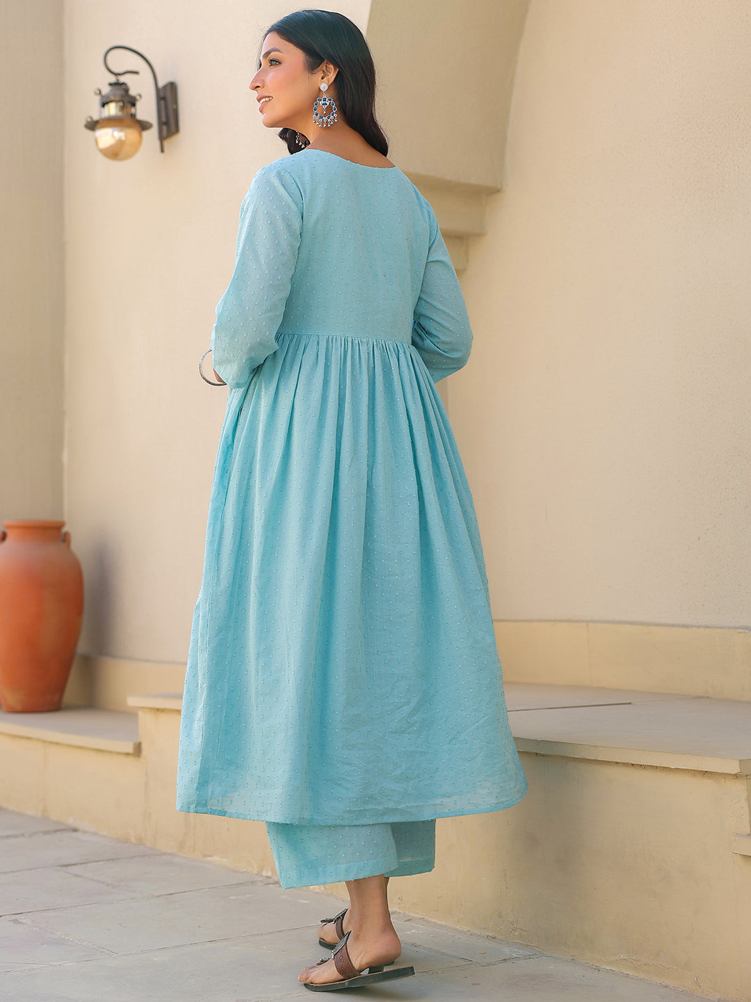 Janasya Light Dobby Cotton Self Design A-Line Top & Bottom Set 