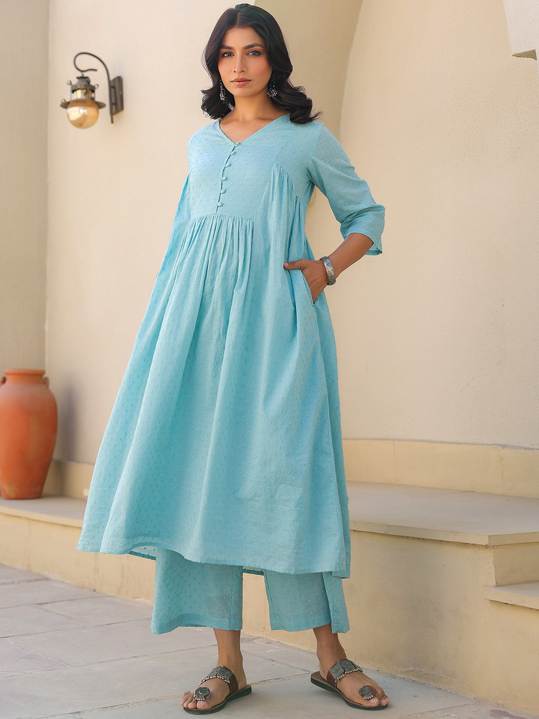 Janasya Light Dobby Cotton Self Design A-Line Top & Bottom Set 