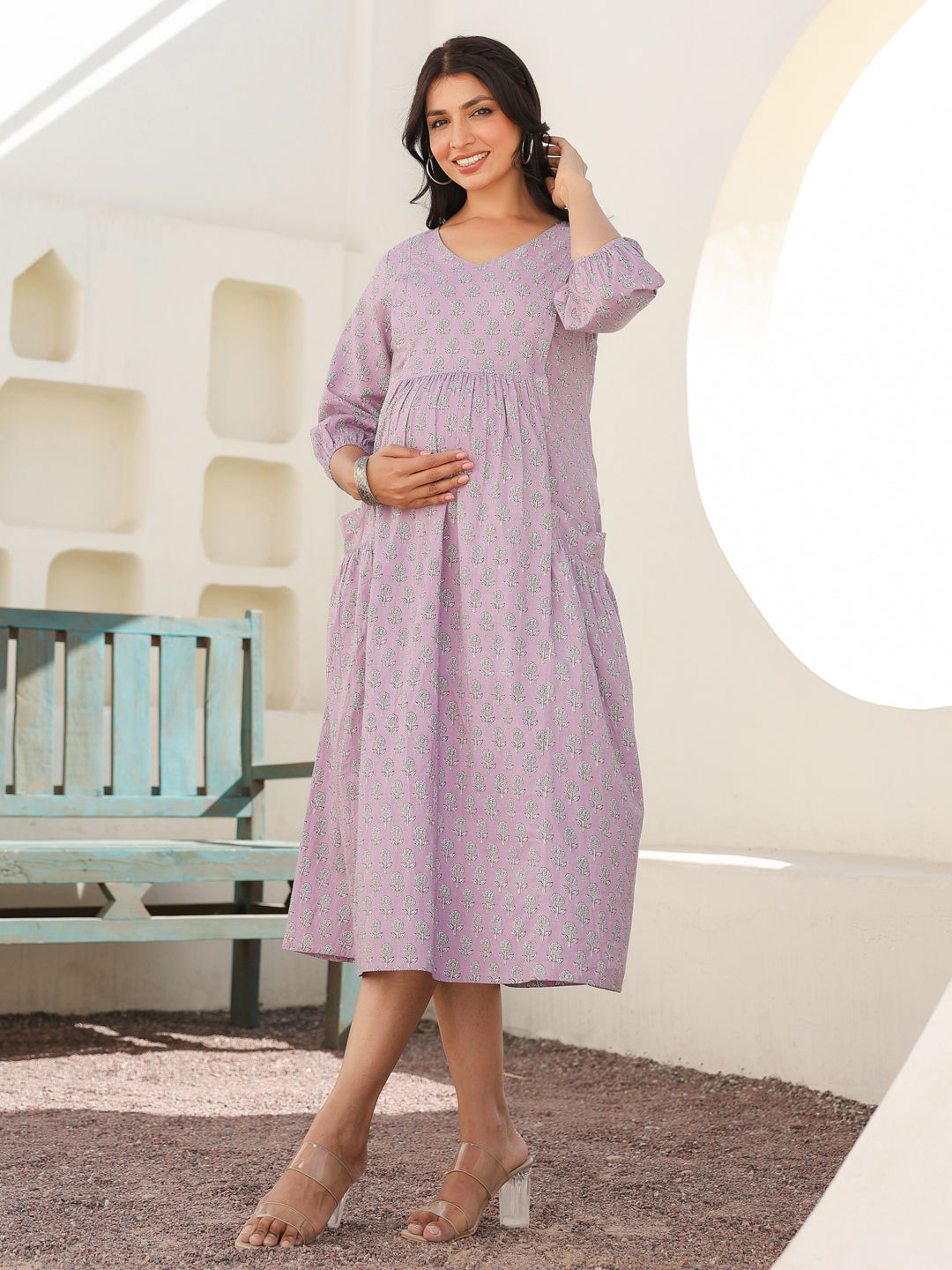 Janasya Light Cotton Floral A-Line Dress 