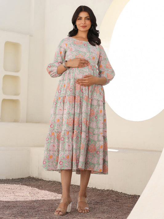 Janasya Light Cotton Floral A-Line Dress 