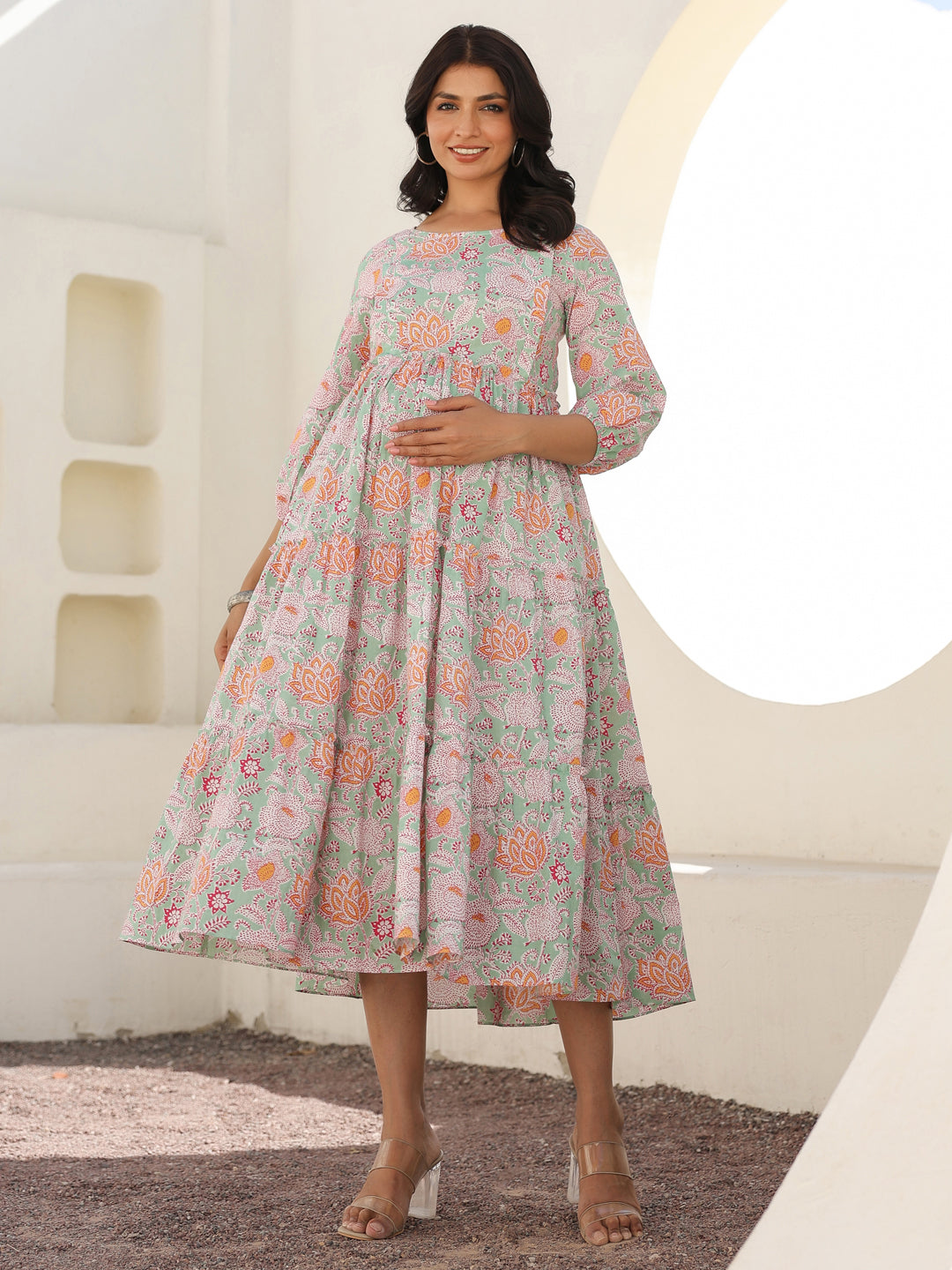 Janasya Light Cotton Floral A-Line Dress 
