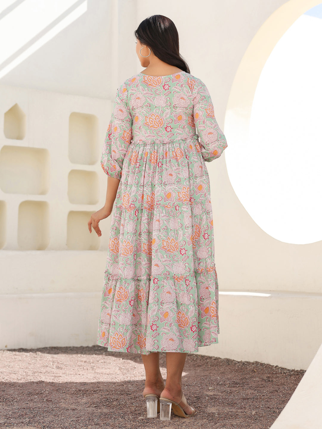 Janasya Light Cotton Floral A-Line Dress 