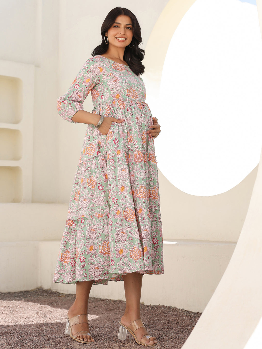Janasya Light Cotton Floral A-Line Dress 