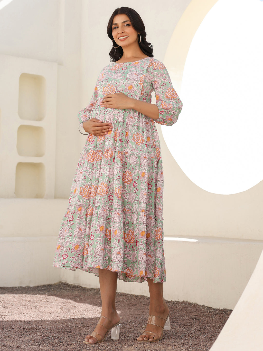 Janasya Light Cotton Floral A-Line Dress 