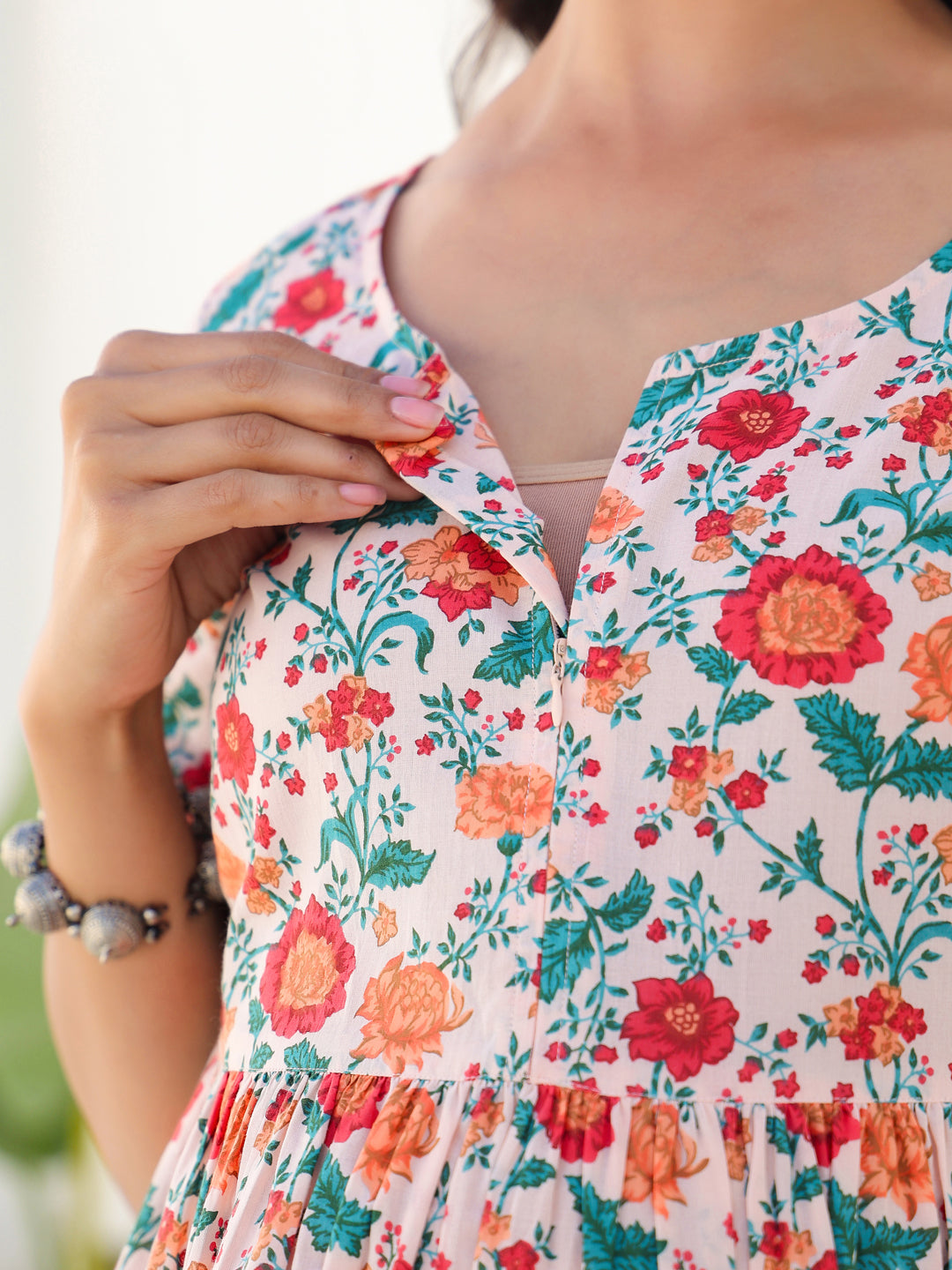 Janasya Bright Cotton Floral Fit & Flare Dress 