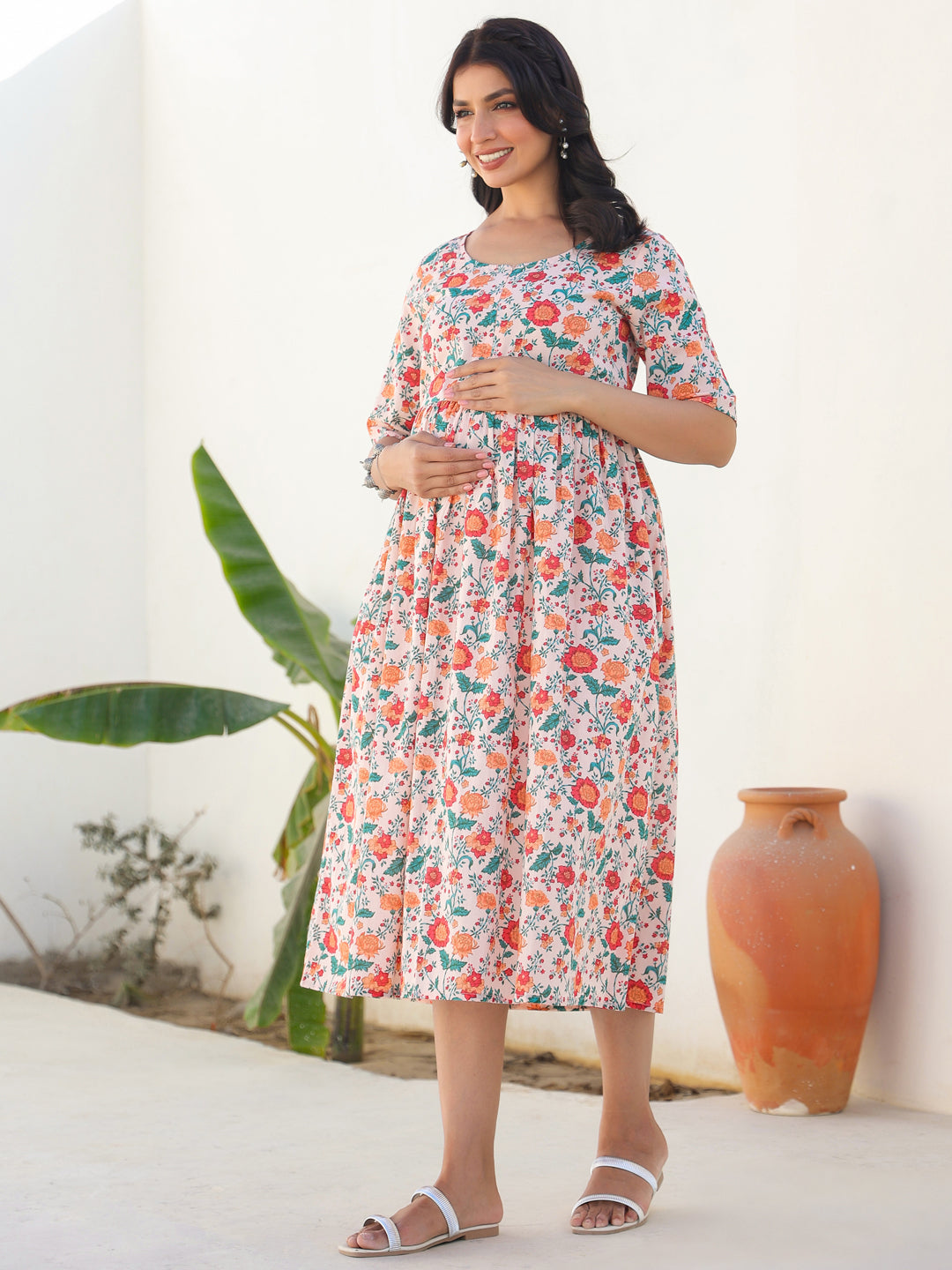 Janasya Bright Cotton Floral Fit & Flare Dress 