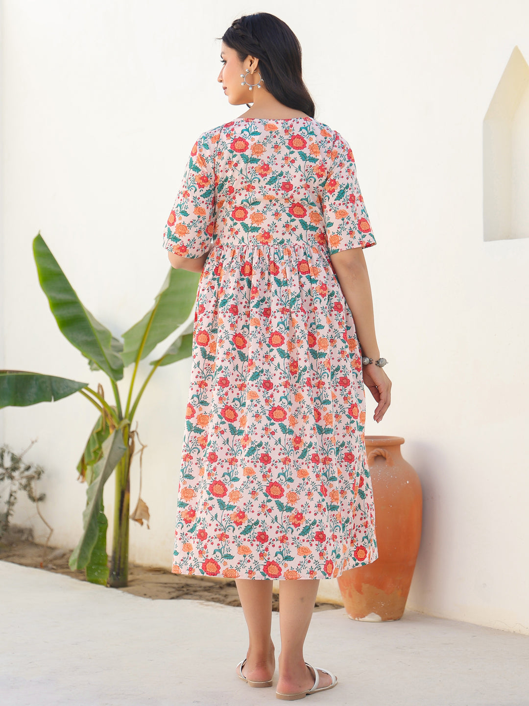 Janasya Bright Cotton Floral Fit & Flare Dress 