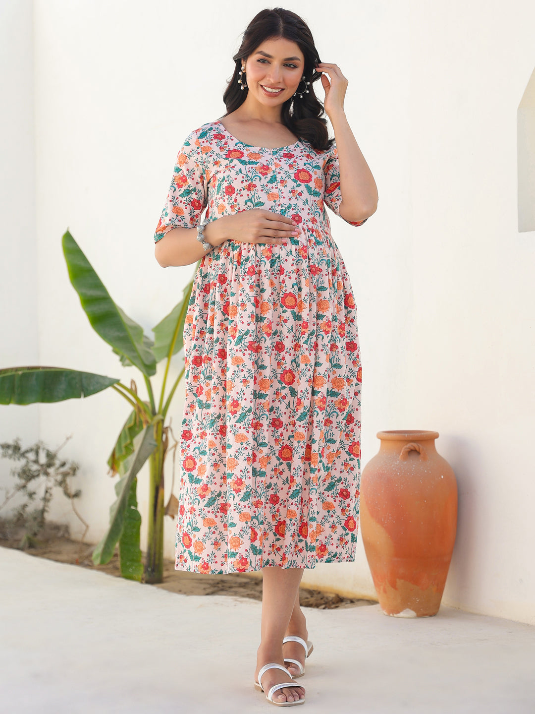 Janasya Bright Cotton Floral Fit & Flare Dress 