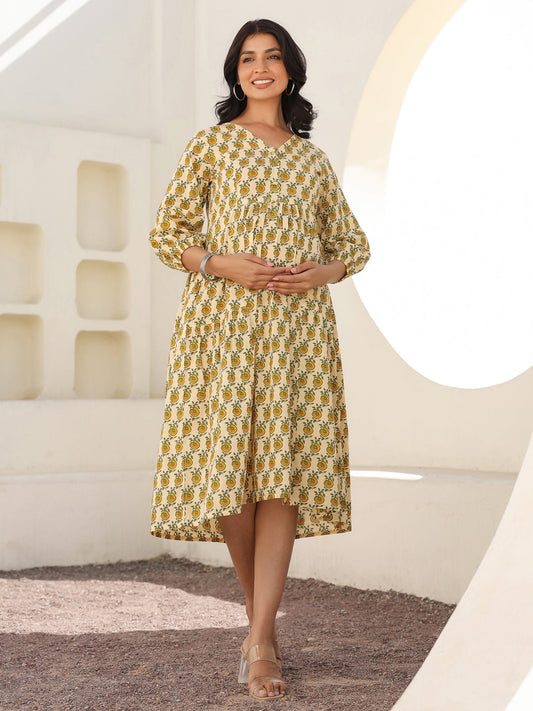 Janasya Light Cotton Floral A-Line Dress 