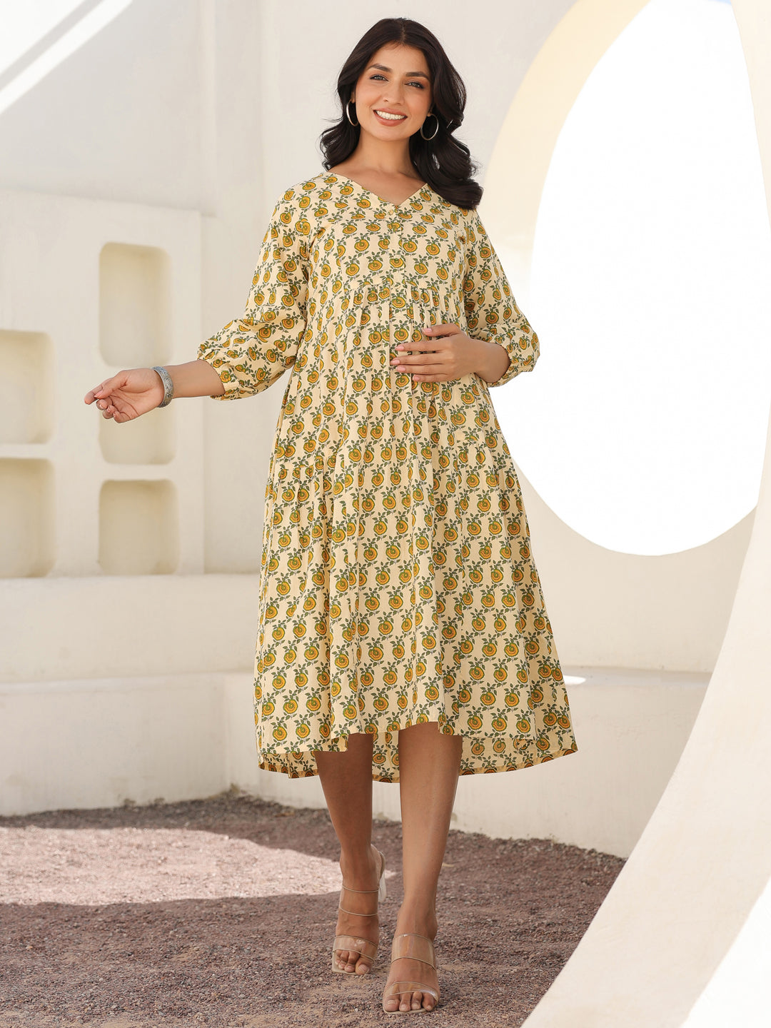 Janasya Light Cotton Floral A-Line Dress 