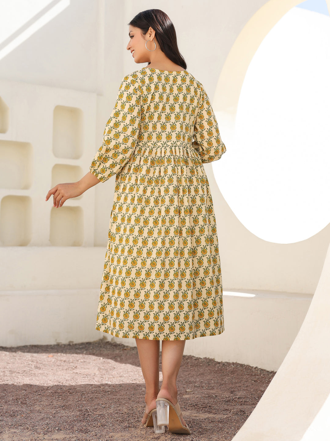 Janasya Light Cotton Floral A-Line Dress 