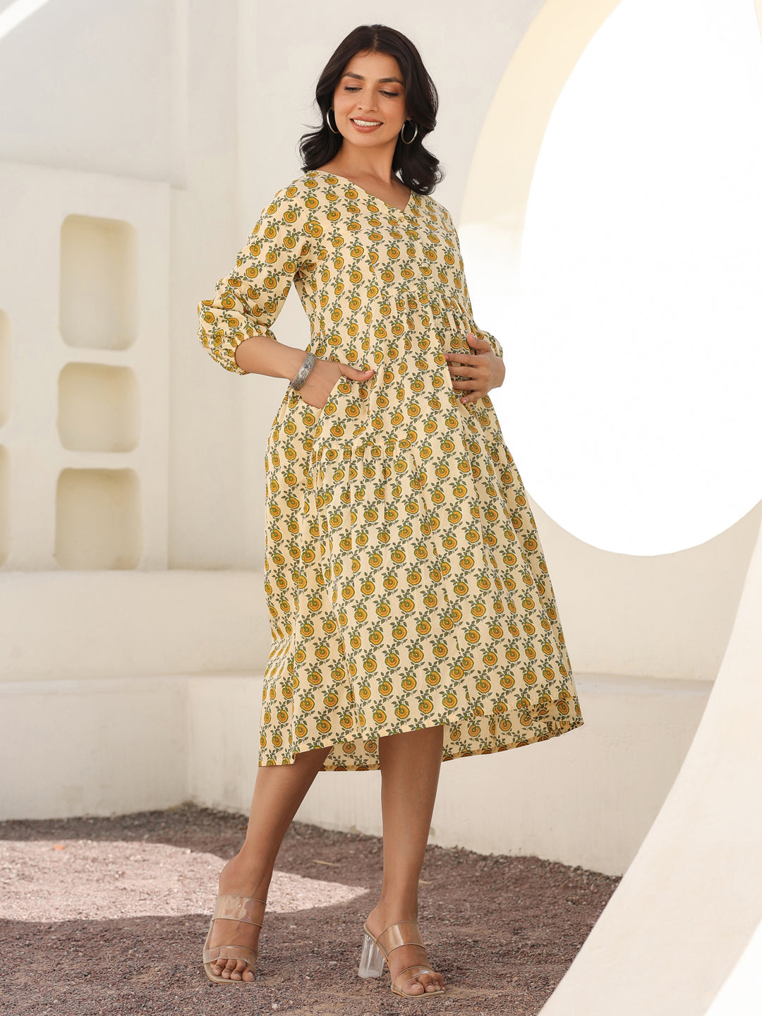 Janasya Light Cotton Floral A-Line Dress 