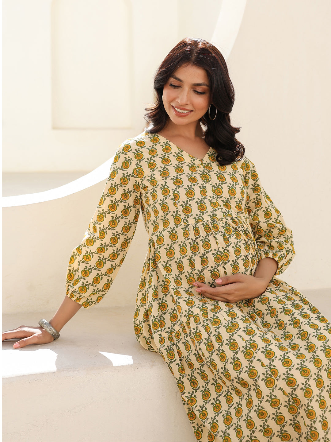 Janasya Light Cotton Floral A-Line Dress 