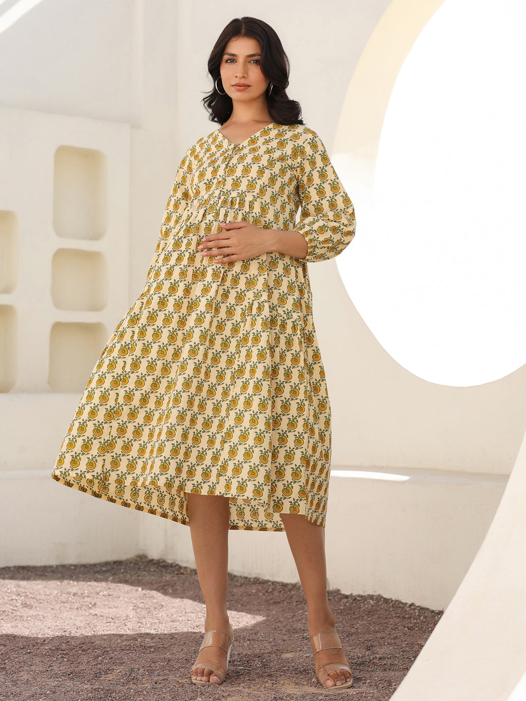 Janasya Light Cotton Floral A-Line Dress 
