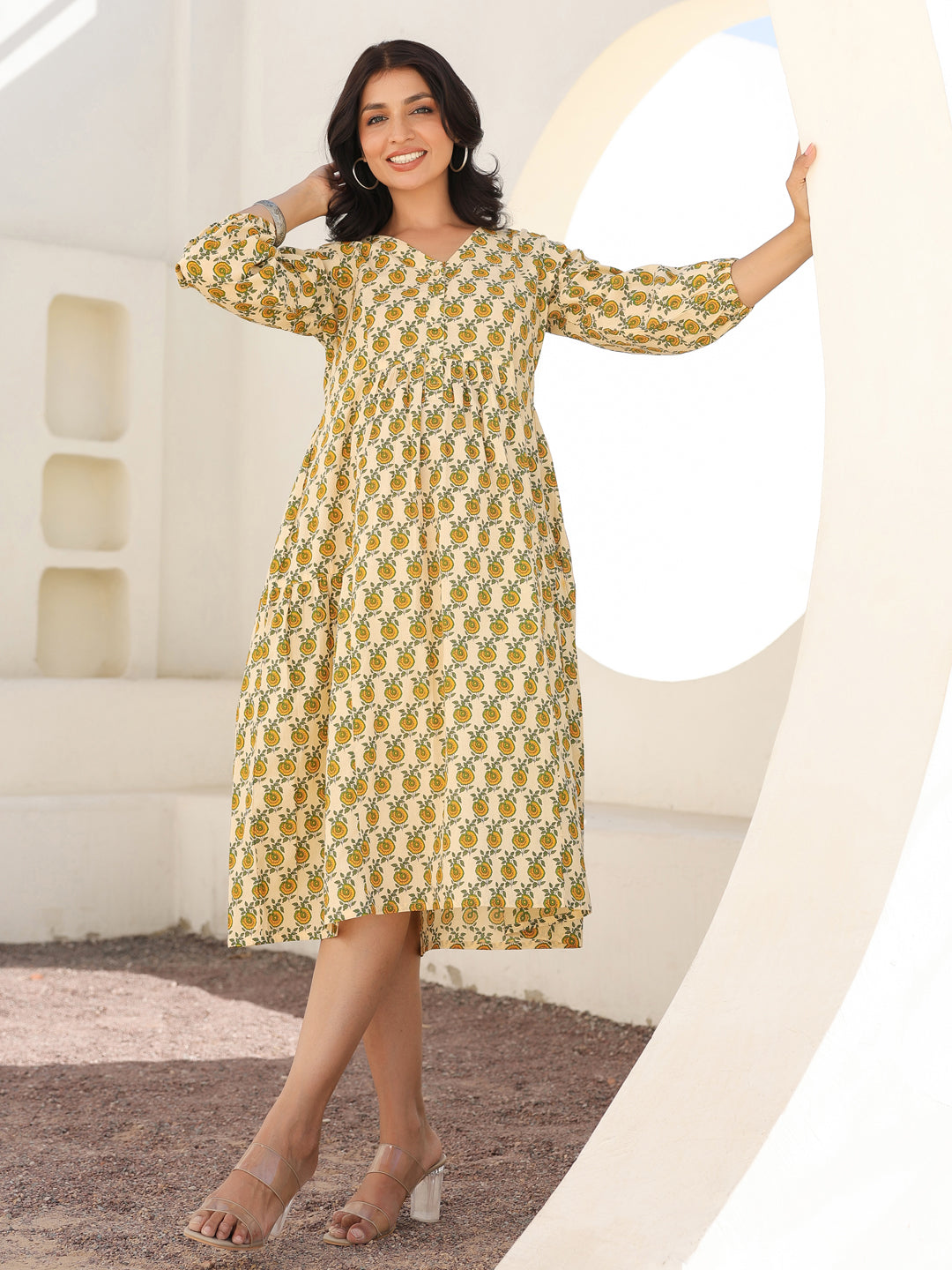 Janasya Light Cotton Floral A-Line Dress 