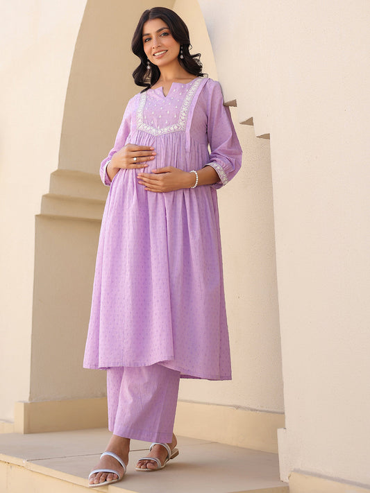 Janasya Bright Dobby Cotton Yoke Embroidery A-Line Kurta Set 