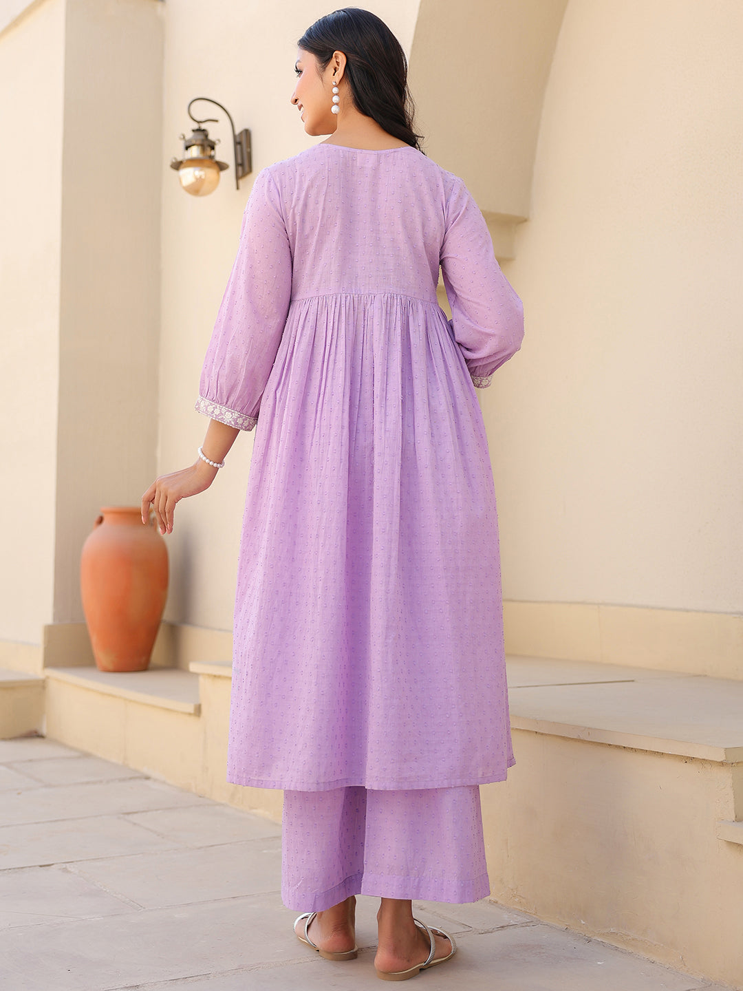 Janasya Bright Dobby Cotton Yoke Embroidery A-Line Kurta Set 