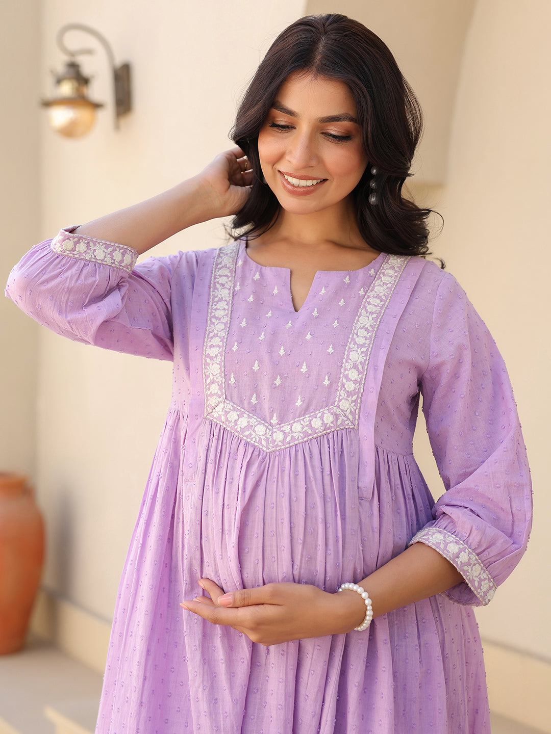 Janasya Bright Dobby Cotton Yoke Embroidery A-Line Kurta Set 