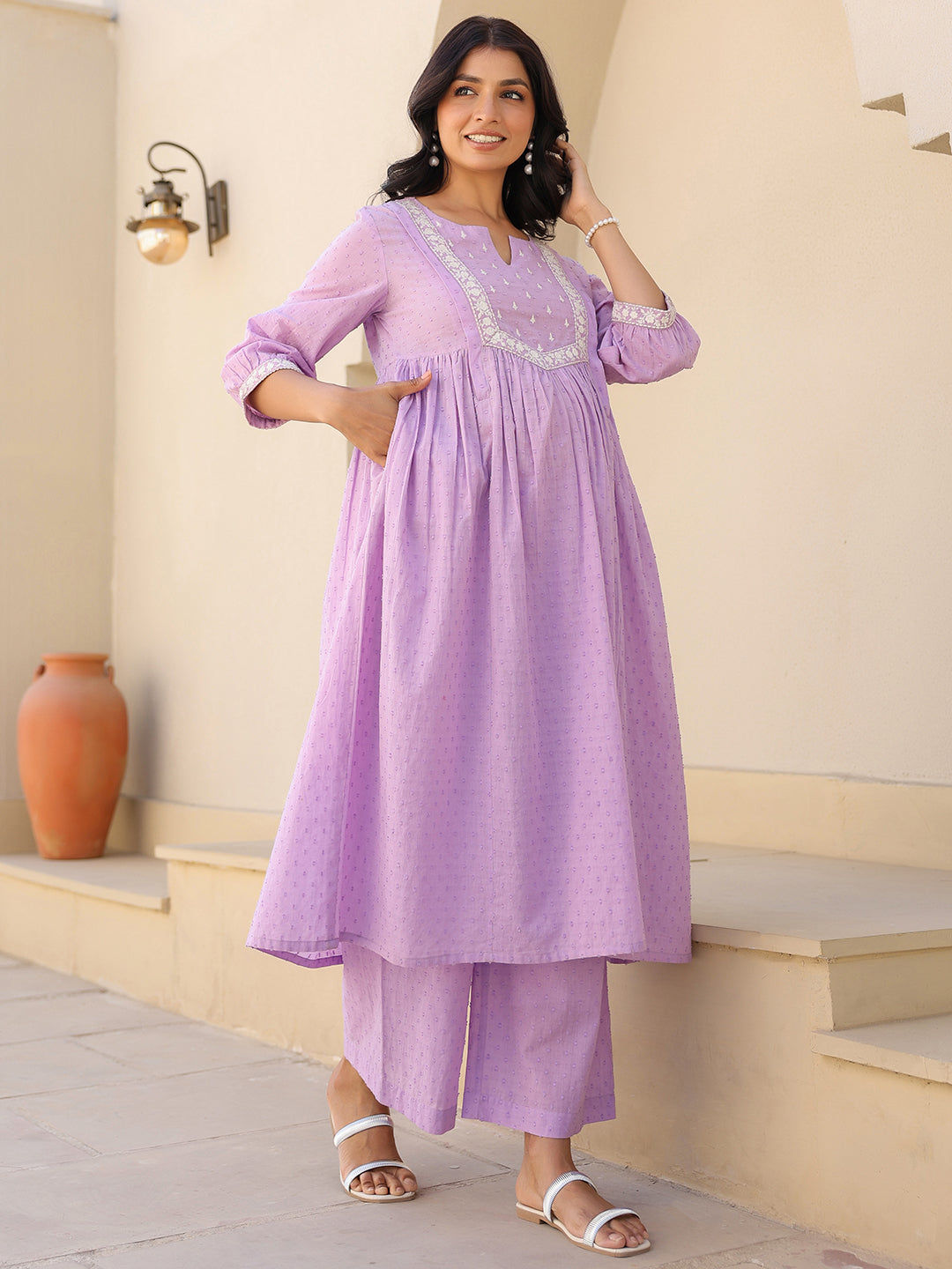 Janasya Bright Dobby Cotton Yoke Embroidery A-Line Kurta Set 