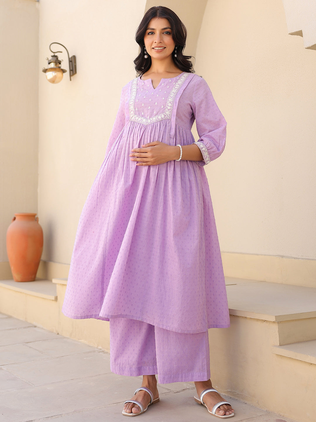 Janasya Bright Dobby Cotton Yoke Embroidery A-Line Kurta Set 